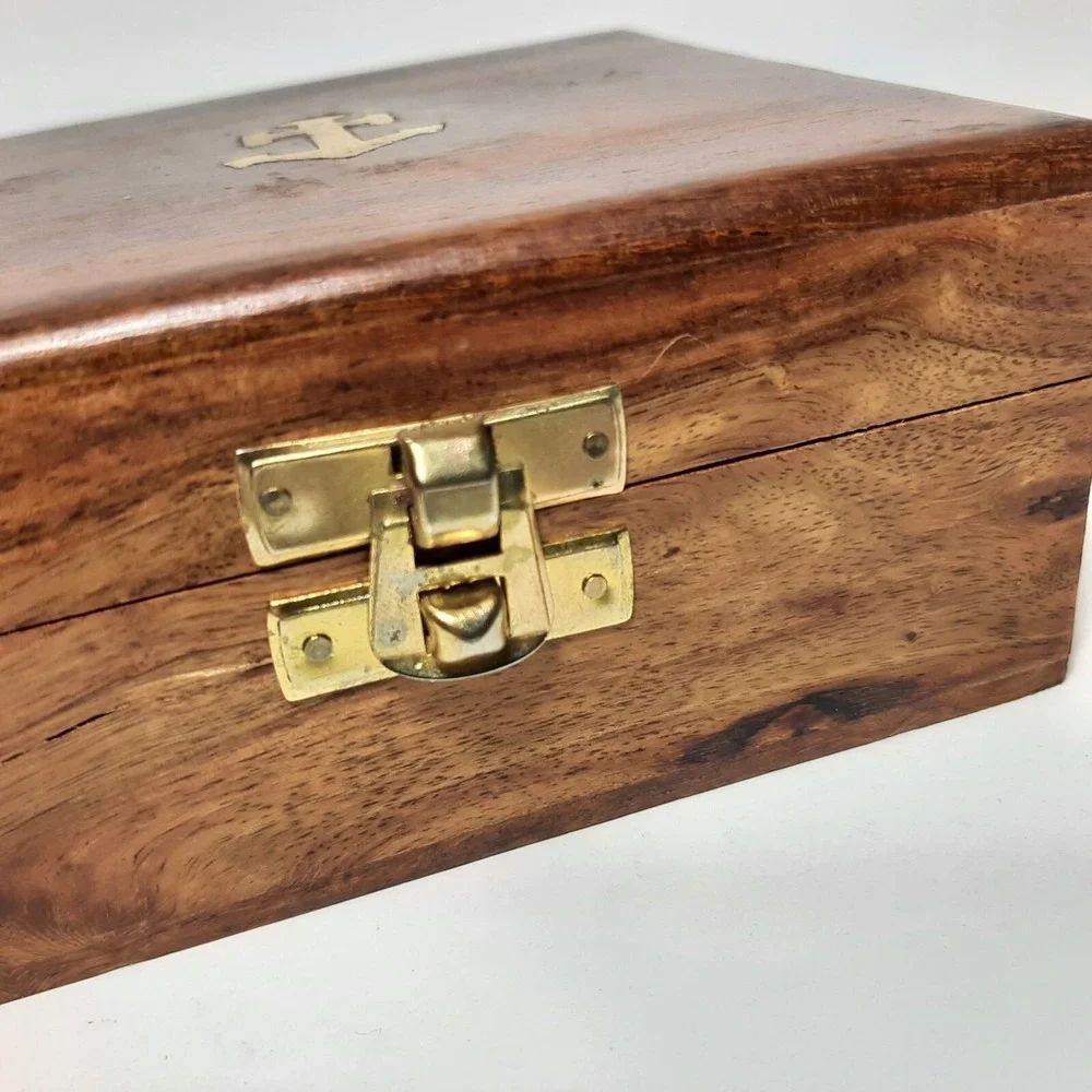 Nautical Wood Hinged Inlaid Brass Anchor Trinket Box Ocean Beach 4.75 x 4.75